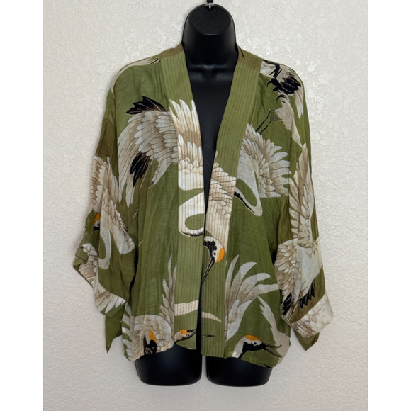 One Hundred Stars Short Kimono Jacket Bird Crane Print Asian Cover Up Open O/S - Picture 2 of 9